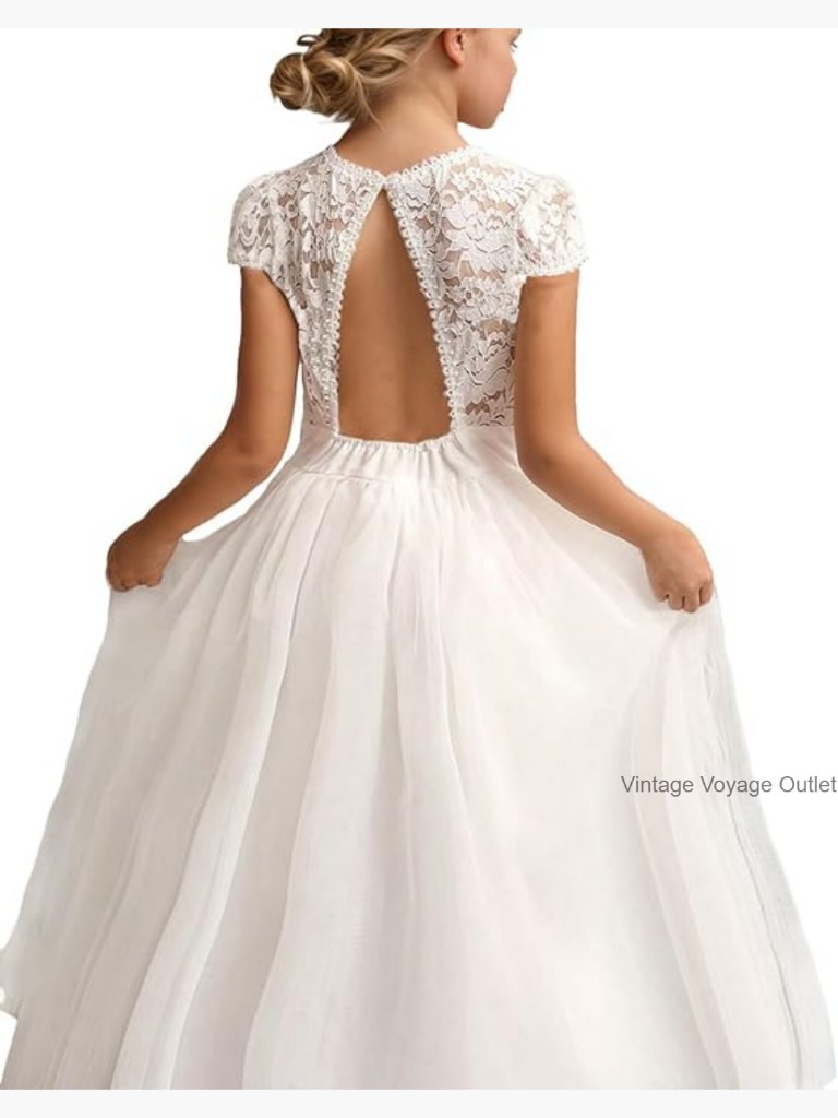 Girls Lace Backless Tulle Full-Length Flower Girl Dress Pageant